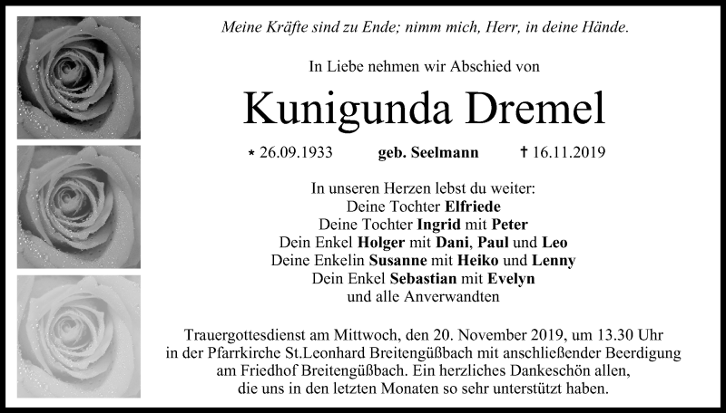  Traueranzeige für Kunigunda Dremel vom 19.11.2019 aus MGO