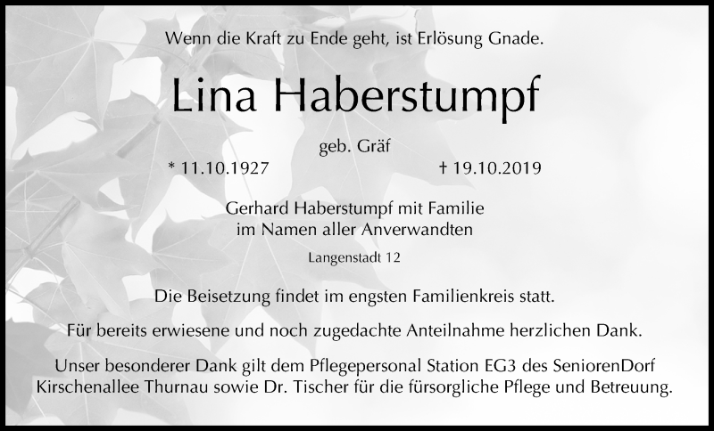  Traueranzeige für Lina Haberstumpf vom 01.11.2019 aus MGO