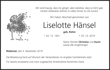Anzeige von Liselotte Hänsel von MGO