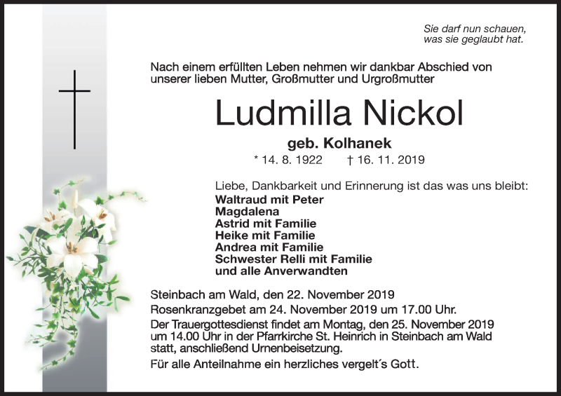  Traueranzeige für Ludmilla Nickol vom 22.11.2019 aus MGO
