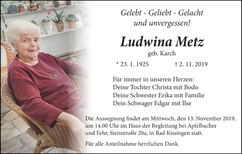  Traueranzeige für Ludwina Metz vom 09.11.2019 aus MGO