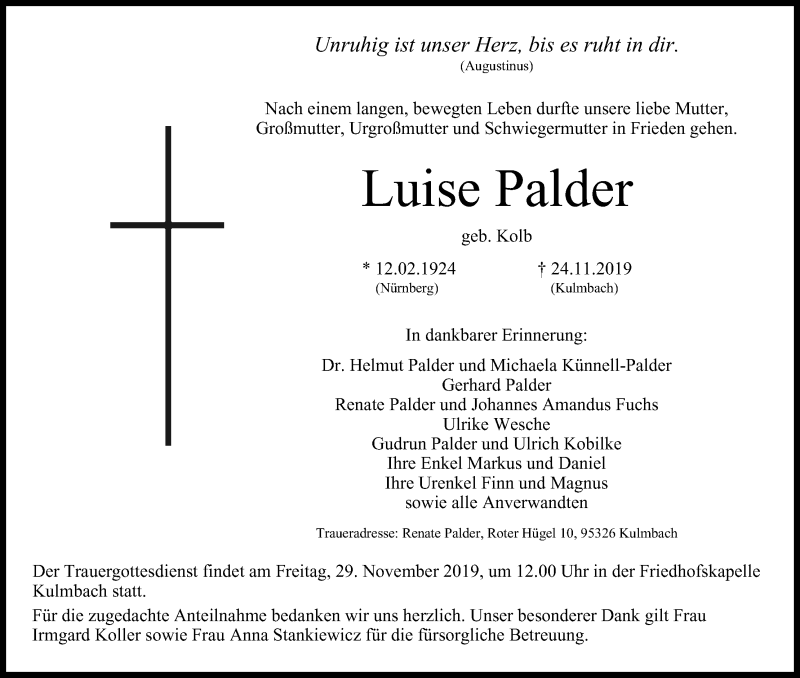  Traueranzeige für Luise Palder vom 26.11.2019 aus MGO