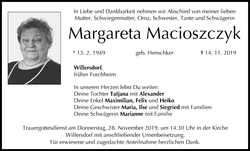  Traueranzeige für Margareta Macioszczyk vom 23.11.2019 aus MGO