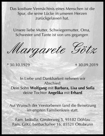 Anzeige von Margarete Götz von MGO