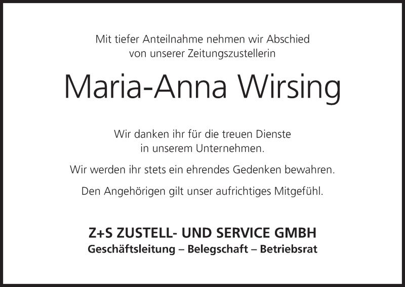  Traueranzeige für Maria-Anna Wirsing vom 07.11.2019 aus MGO
