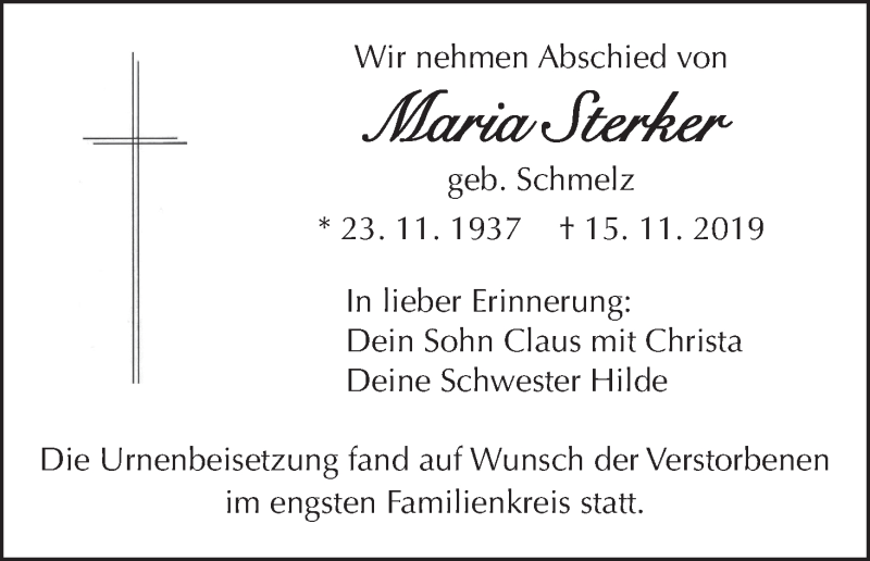  Traueranzeige für Maria Sterker vom 27.11.2019 aus MGO