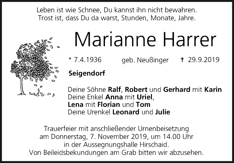  Traueranzeige für Marianne Harrer vom 01.11.2019 aus MGO