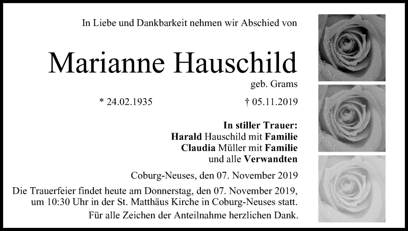  Traueranzeige für Marianne Hauschild vom 07.11.2019 aus MGO
