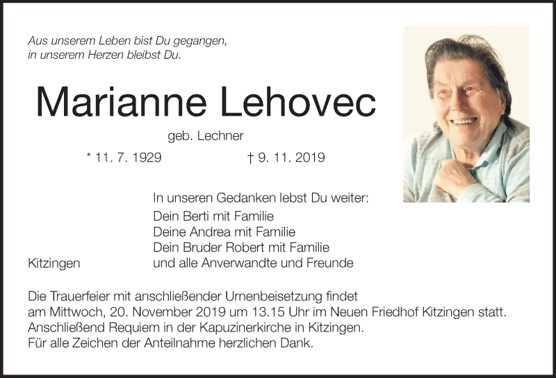  Traueranzeige für Marianne Lehovec vom 16.11.2019 aus MGO