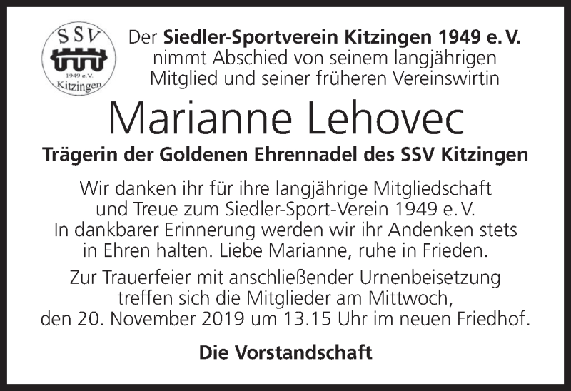  Traueranzeige für Marianne Lehovec vom 19.11.2019 aus MGO