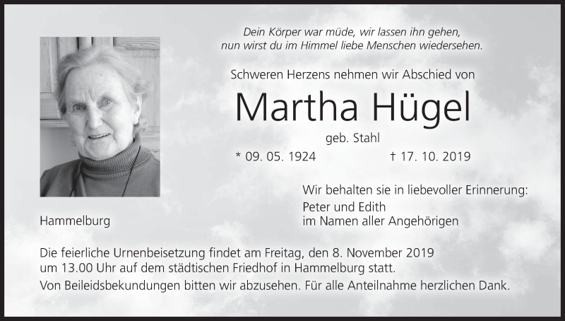  Traueranzeige für Martha Hügel vom 01.11.2019 aus MGO