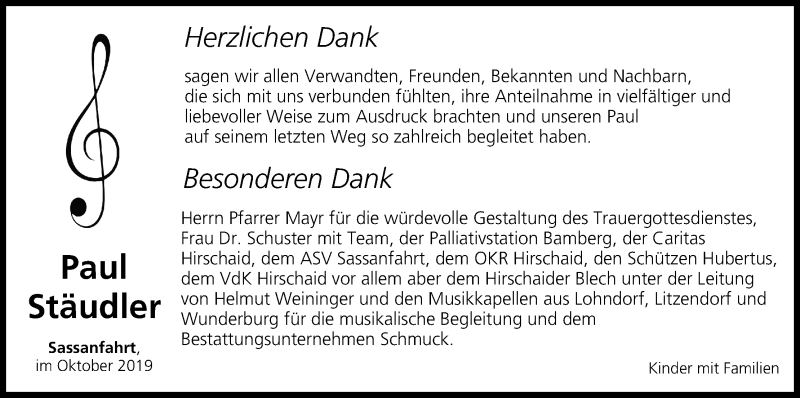  Traueranzeige für Paul Stäudler vom 09.11.2019 aus MGO