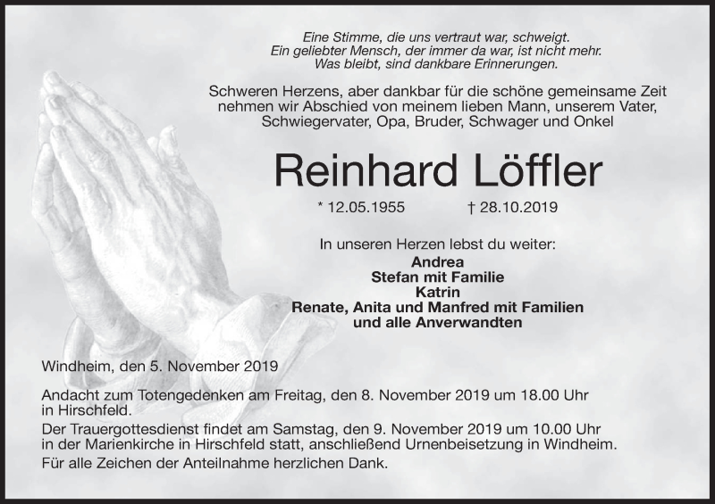  Traueranzeige für Reinhard Löffler vom 05.11.2019 aus MGO