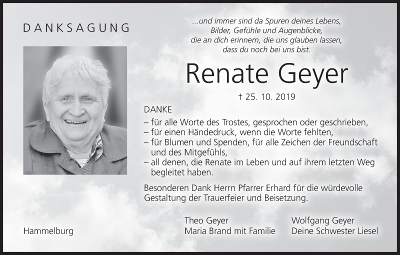  Traueranzeige für Renate Geyer vom 09.11.2019 aus MGO