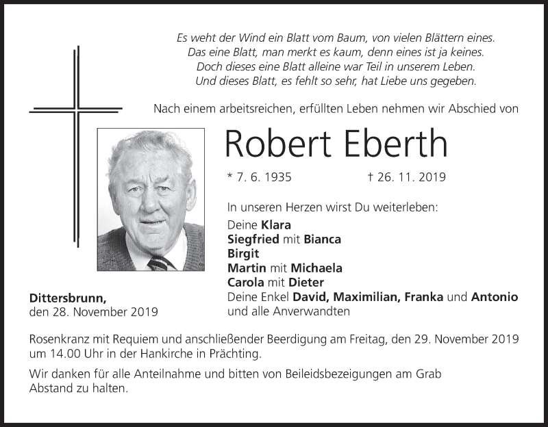  Traueranzeige für Robert Eberth vom 28.11.2019 aus MGO