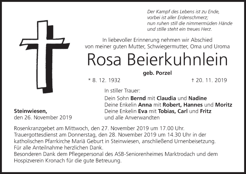  Traueranzeige für Rosa Beierkuhnlein vom 26.11.2019 aus MGO