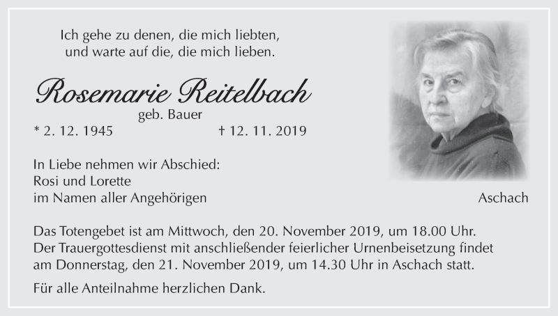  Traueranzeige für Rosemarie Reitelbach vom 16.11.2019 aus MGO
