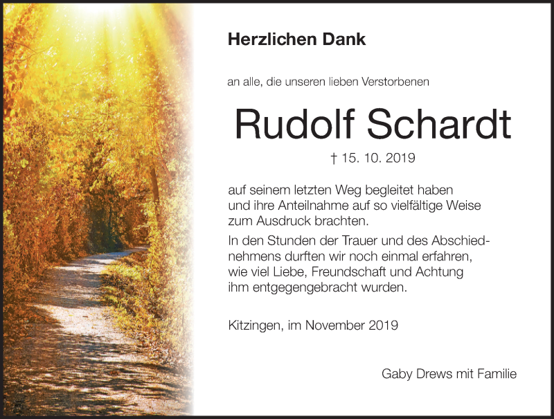  Traueranzeige für Rudolf Schardt vom 09.11.2019 aus MGO