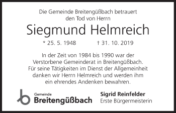 Anzeige von Siegmund Helmreich von MGO