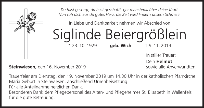  Traueranzeige für Siglinde Beiergrößlein vom 16.11.2019 aus MGO