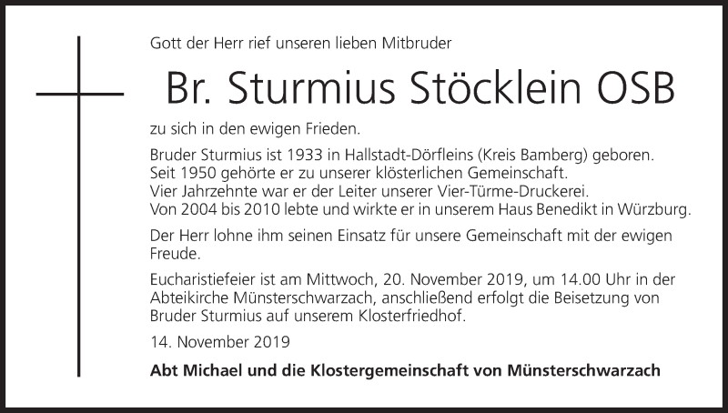  Traueranzeige für Sturmius Stöcklein vom 16.11.2019 aus MGO