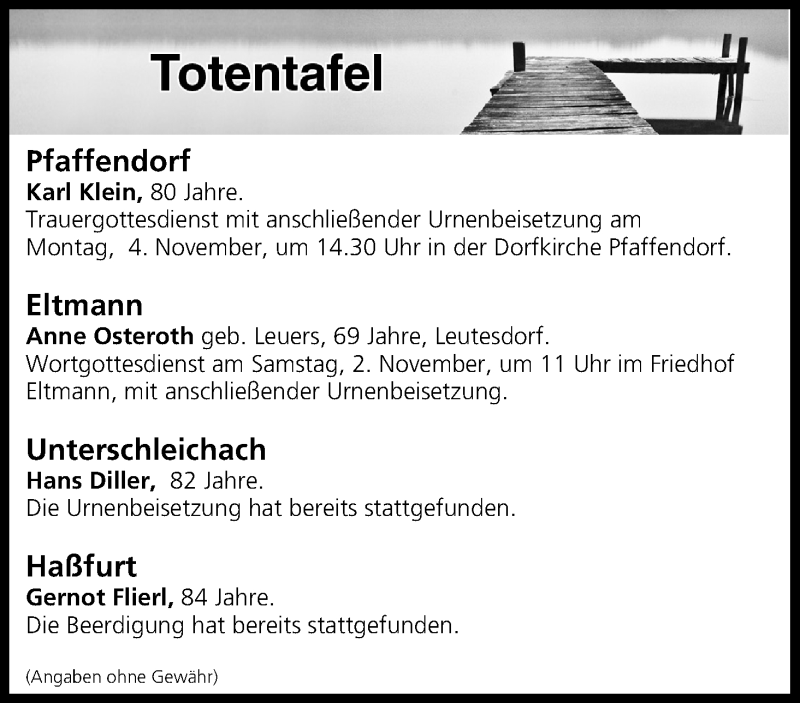  Traueranzeige für Totentafel vom 01.11.2019 vom 01.11.2019 aus MGO