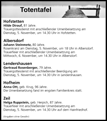 Anzeige von Totentafel vom 05.11.2019 von MGO
