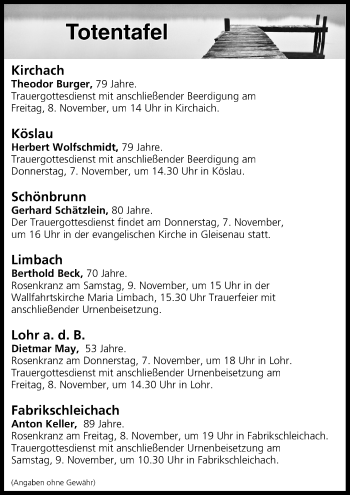 Anzeige von Totentafel vom 07.11.2019 von MGO