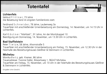 Anzeige von Totentafel vom 13.11.2019 von MGO