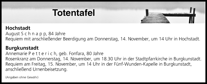  Traueranzeige für Totentafel vom 14.11.2019 vom 14.11.2019 aus MGO