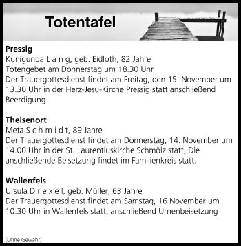 Anzeige von Totentafel vom 14.11.2019 von MGO
