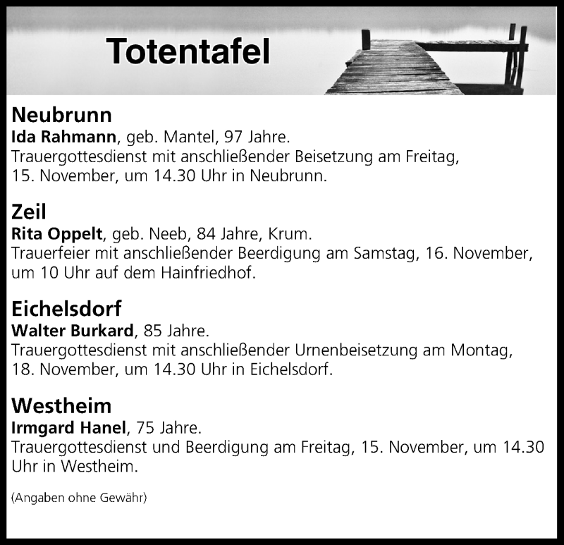  Traueranzeige für Totentafel vom 15.11.2019 vom 15.11.2019 aus MGO