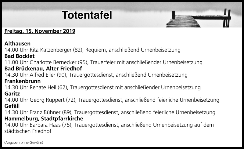  Traueranzeige für Totentafel vom 15.11.2019 vom 15.11.2019 aus MGO