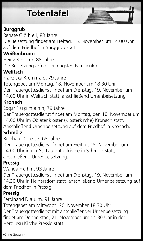  Traueranzeige für Totentafel vom 15.11.2019 vom 15.11.2019 aus MGO