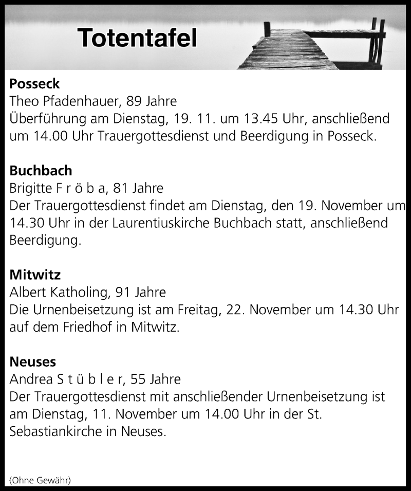  Traueranzeige für Totentafel vom 19.11.2019 vom 19.11.2019 aus MGO