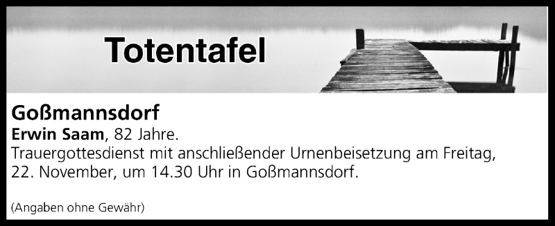  Traueranzeige für Totentafel vom 20.11.2019 vom 20.11.2019 aus MGO