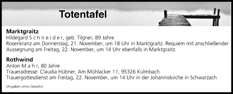  Traueranzeige für Totentafel vom 21.11.2019 vom 21.11.2019 aus MGO