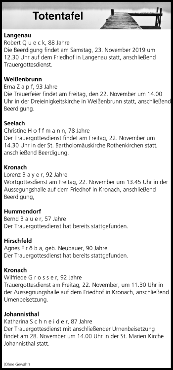 Anzeige von Totentafel vom 22.11.2019 von MGO