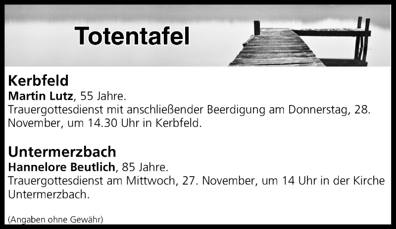  Traueranzeige für Totentafel vom 27.11.2019 vom 27.11.2019 aus MGO