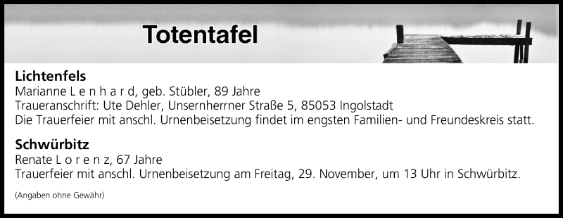  Traueranzeige für Totentafel vom 28.11.2019 vom 28.11.2019 aus MGO