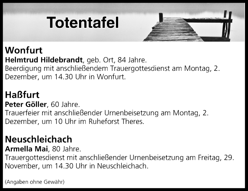  Traueranzeige für Totentafel vom 28.11.2019 vom 28.11.2019 aus MGO