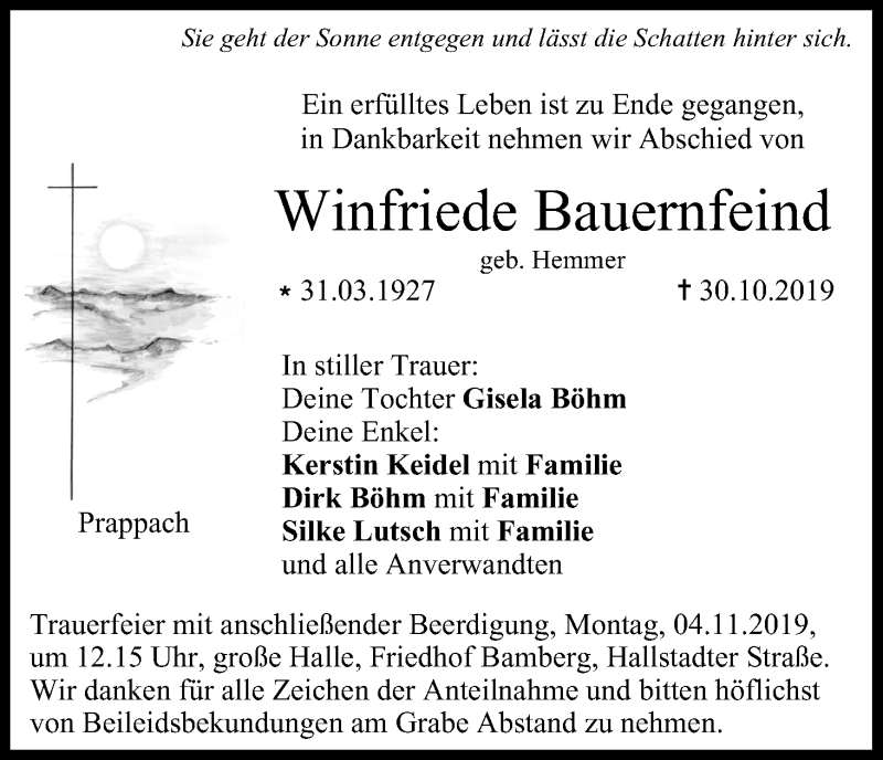  Traueranzeige für Winfriede Bauernfeind vom 01.11.2019 aus MGO