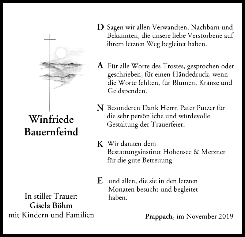  Traueranzeige für Winfriede Bauernfeind vom 23.11.2019 aus MGO