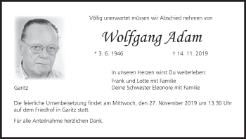 Anzeige von Wolfgang Adam von MGO