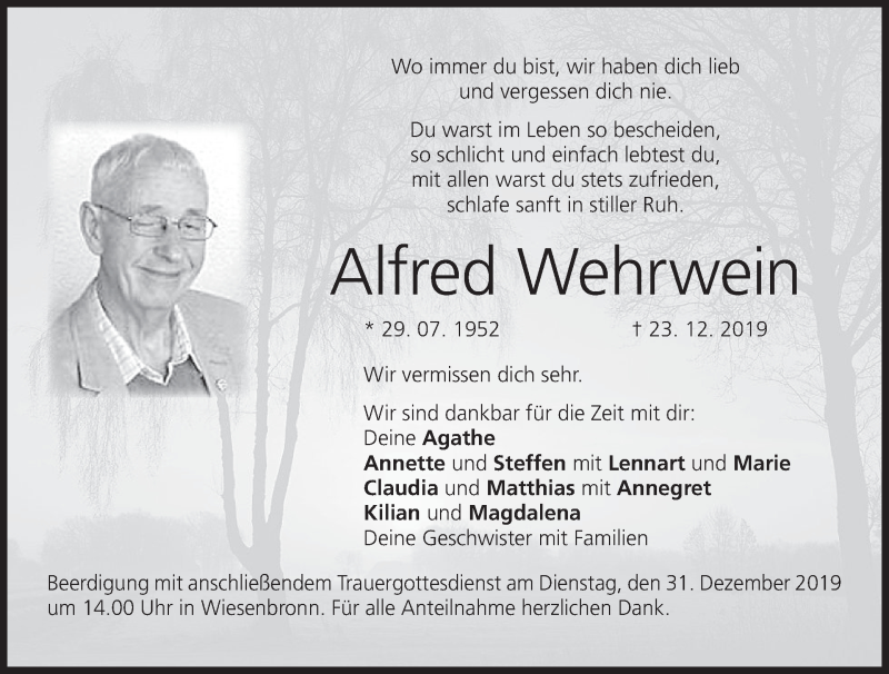  Traueranzeige für Alfred Wehrwein vom 28.12.2019 aus MGO