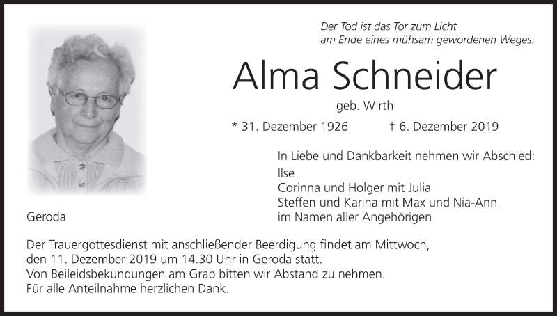  Traueranzeige für Alma Schneider vom 09.12.2019 aus MGO