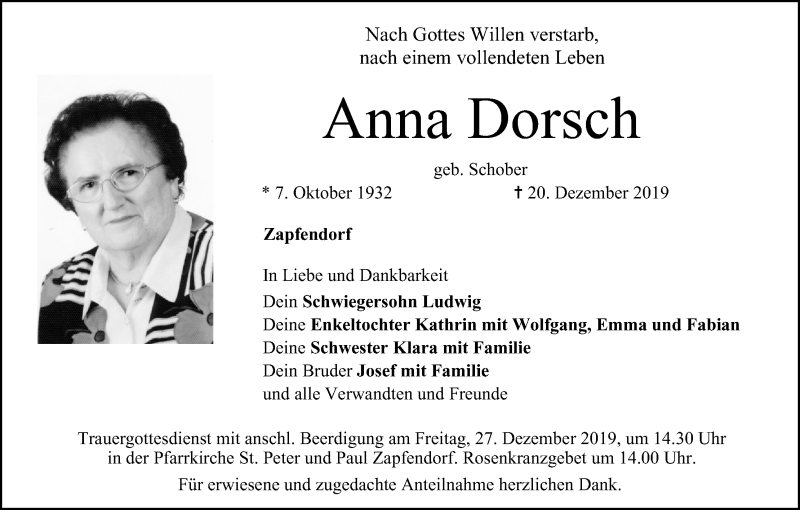  Traueranzeige für Anna Dorsch vom 23.12.2019 aus MGO