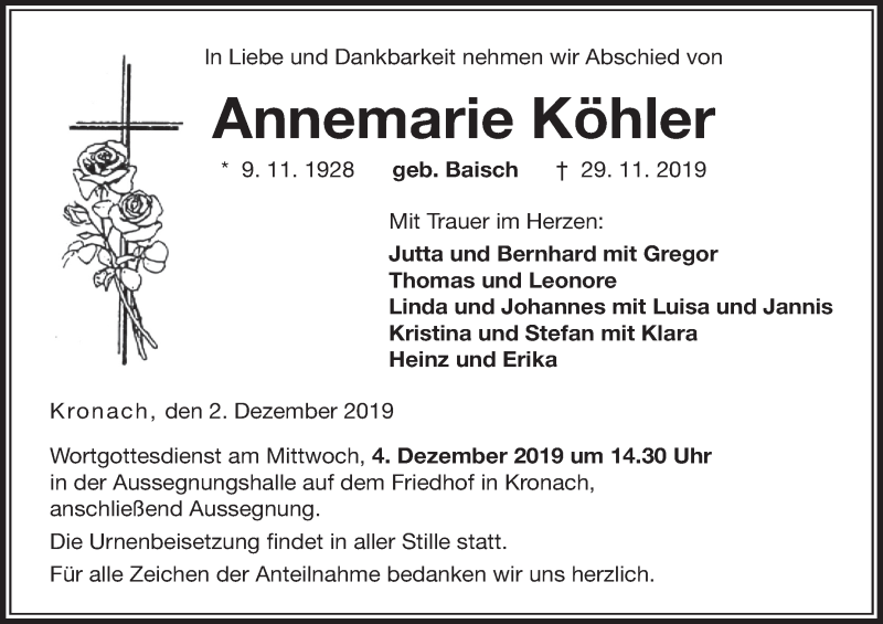  Traueranzeige für Annemarie Köhler vom 02.12.2019 aus MGO