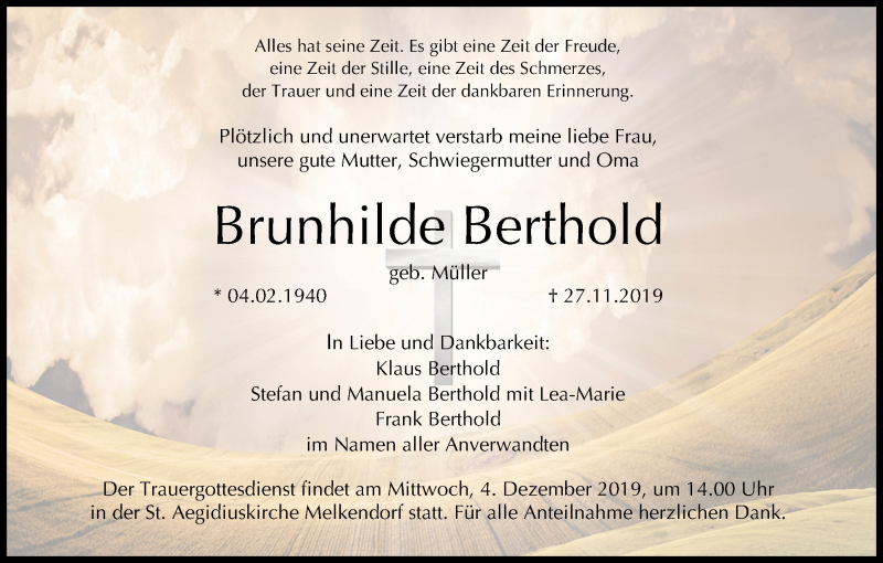  Traueranzeige für Brunhilde Berthold vom 02.12.2019 aus MGO