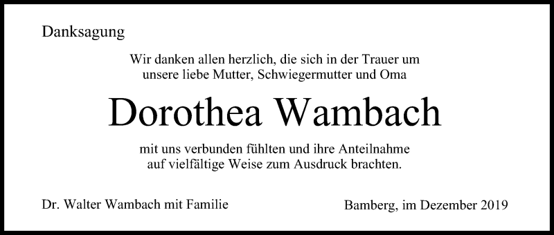 Traueranzeige für Dorothea Wambach vom 14.12.2019 aus MGO